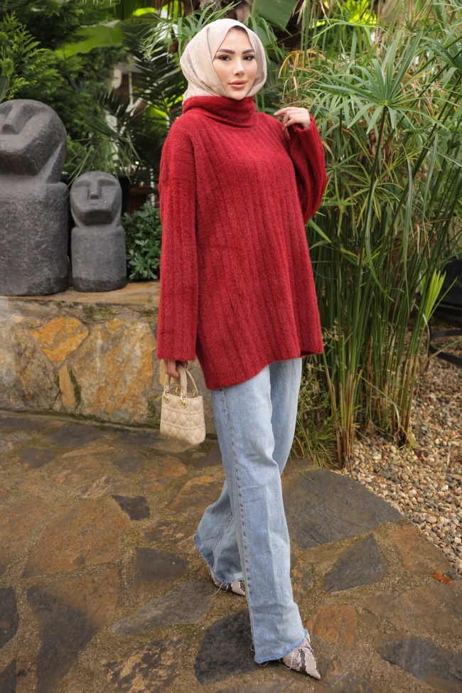 Bordo Balıkçı Yaka Salaş Angora Yumoş Triko Tunik