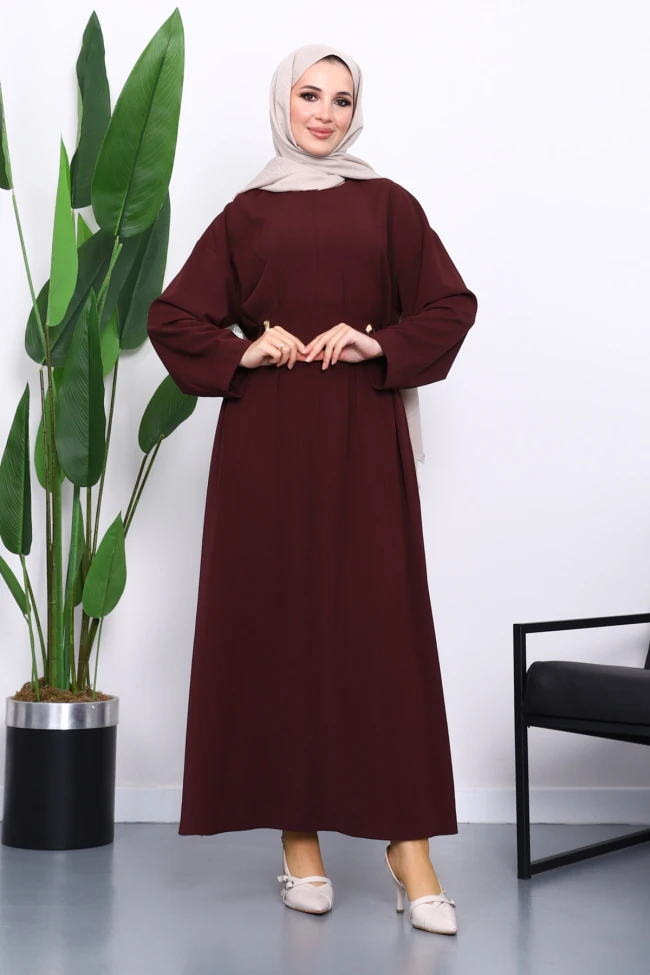 Bordo Bel Bağlamalı Piliseli Elbise
