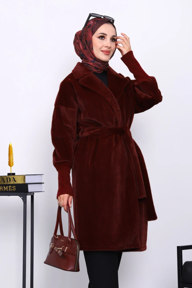 Bordo Bel Kuşaklı Çift Cepli Angora Kaban