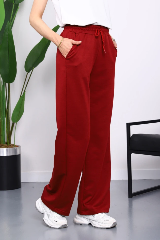 Bordo Bel Lastikli İki İplik Palazzo Eşofman Alt