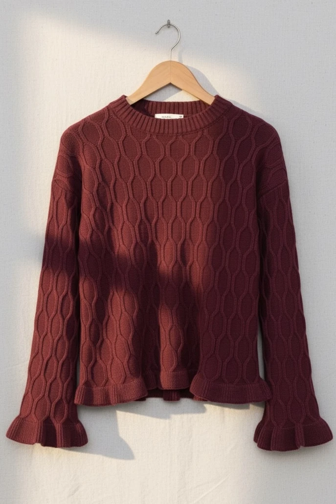 Bordo Bel Ve Kol Ucu Fırfırlı Triko Kazak