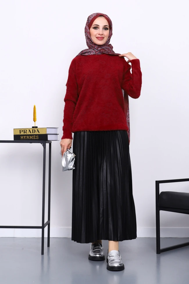 Bordo Bisiklet Yaka Angora Yumoş Triko Kazak