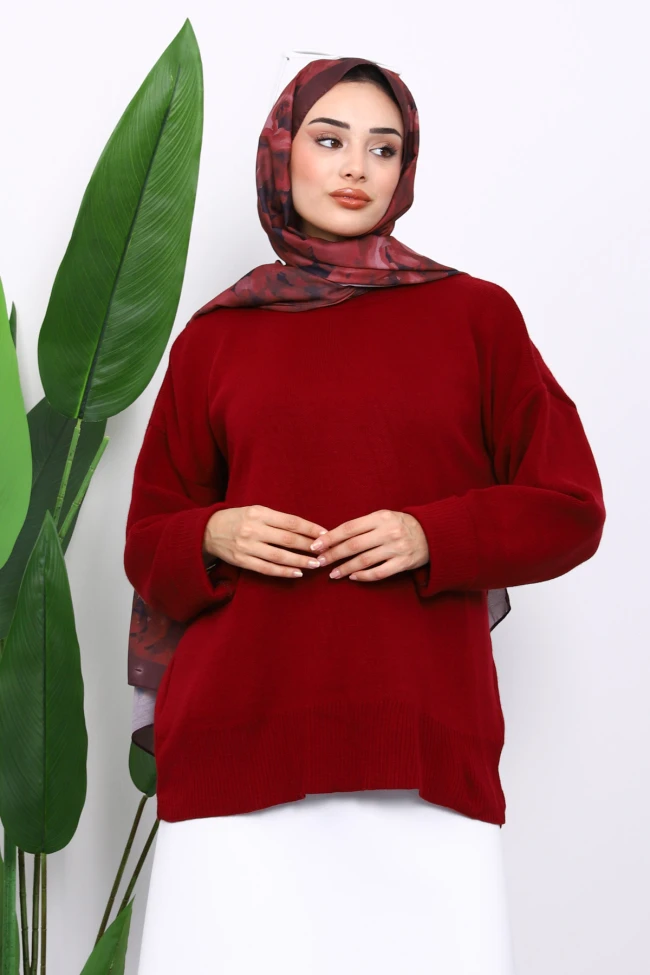 Bordo Bisiklet Yaka Yumuşak Dokulu Oversize Triko Kazak