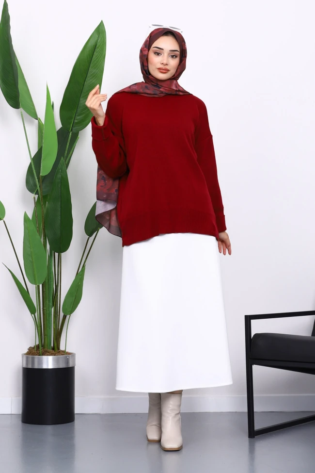 Bordo Bisiklet Yaka Yumuşak Dokulu Oversize Triko Kazak