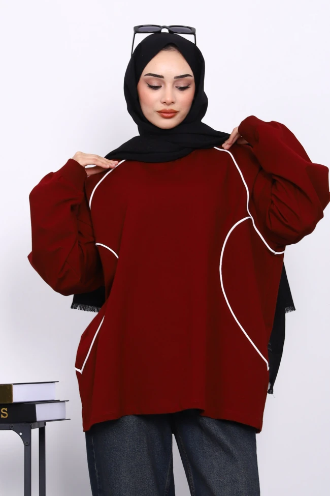 Bordo Biyeli İki İplik Sweatshirt