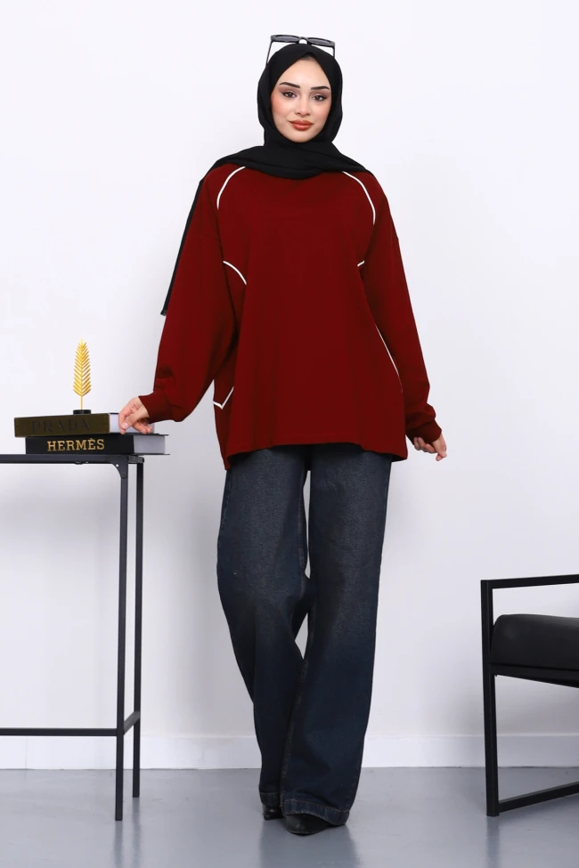 Bordo Biyeli İki İplik Sweatshirt