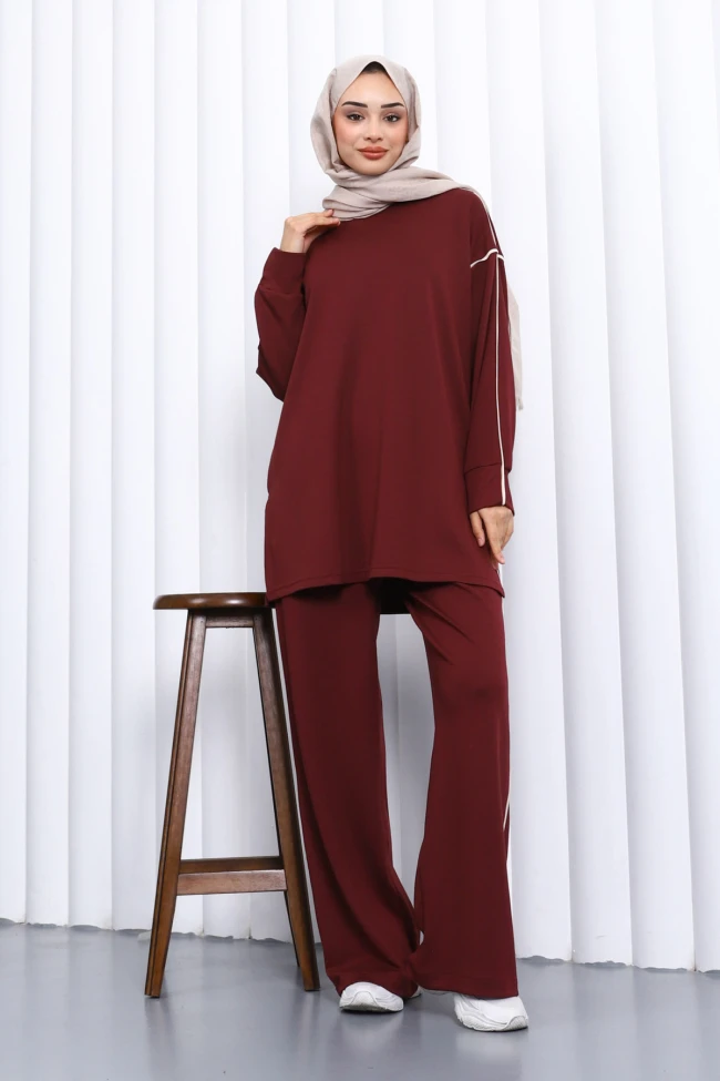 Bordo Biyeli Tunik Pantolonlu Modal Takım