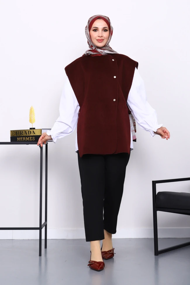 Bordo Çıtçıt Detaylı Kaşe Yelek