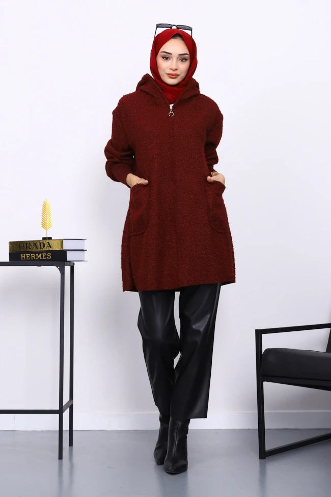 Bordo Fermuarlı Cepli Buklet Kaban