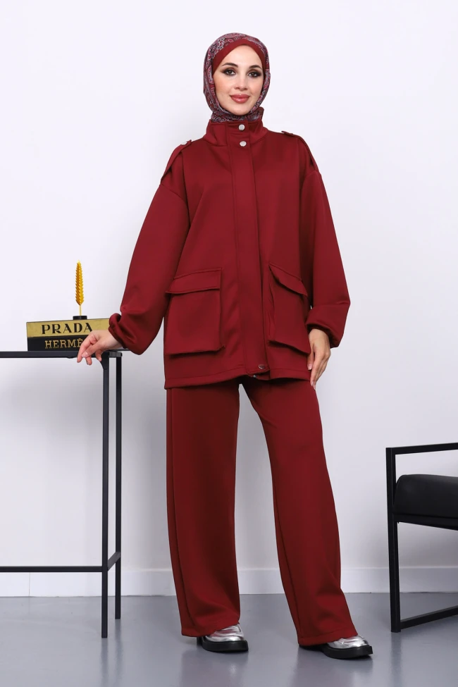 Bordo Fermuarlı Scuba Ceket Pantolonlu Takım