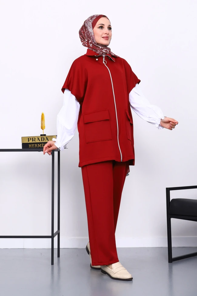 Bordo Fermuarlı Yelek Pantolonlu Scuba Takım