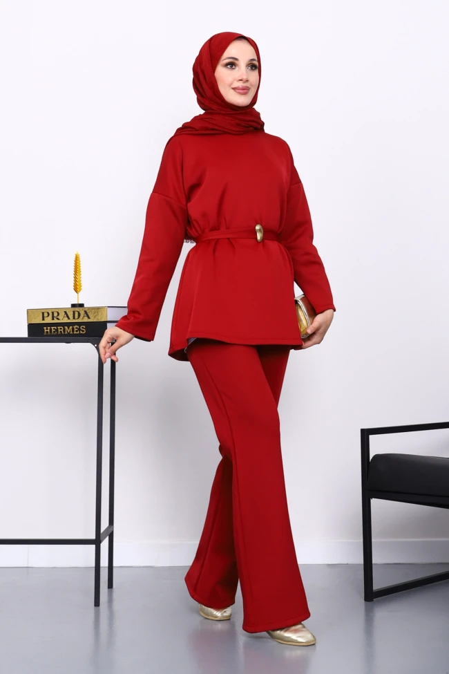 Bordo Kemerli Tunik Pantolonlu Scuba Takım