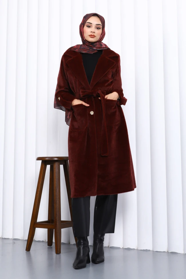 Bordo Kruvaze Yaka Kol Apoletli Angora Kaban