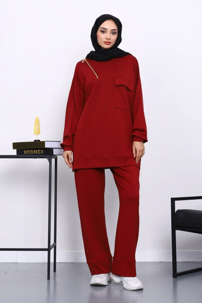 Bordo Tek Cepli Tunik Pantolonlu Modal Takım