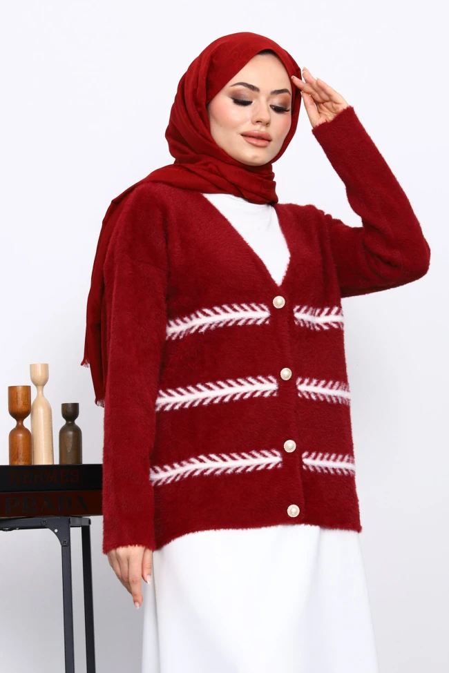 Bordo V Yaka Angora Yumoş Hırka
