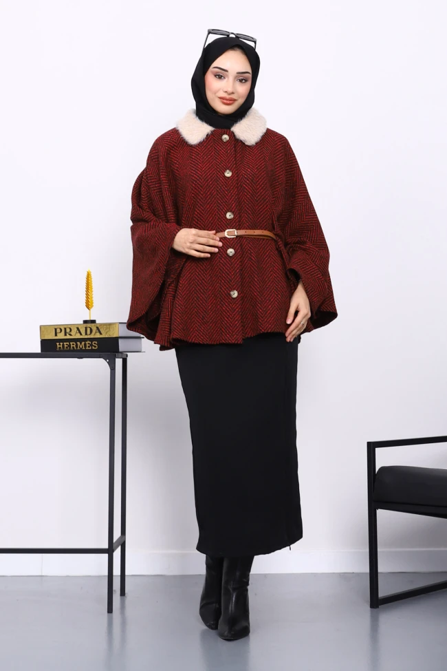 Bordo Yaka Kürklü Kemerli Panço