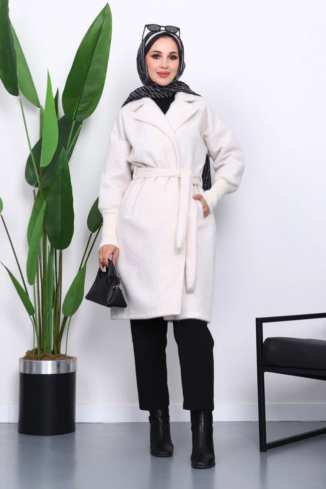 Ekru Bel Kuşaklı Çift Cepli Angora Kaban