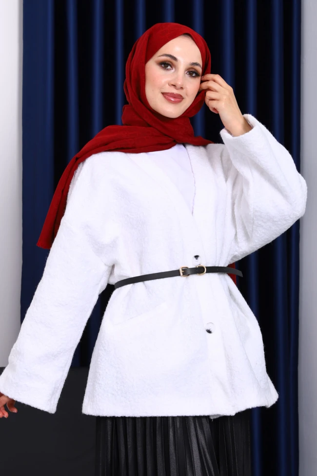 Ekru Kemerli Oversize Buklet Ceket