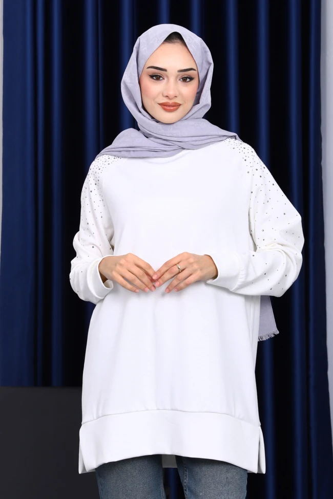 Ekru Taş Detaylı Modal Tunik