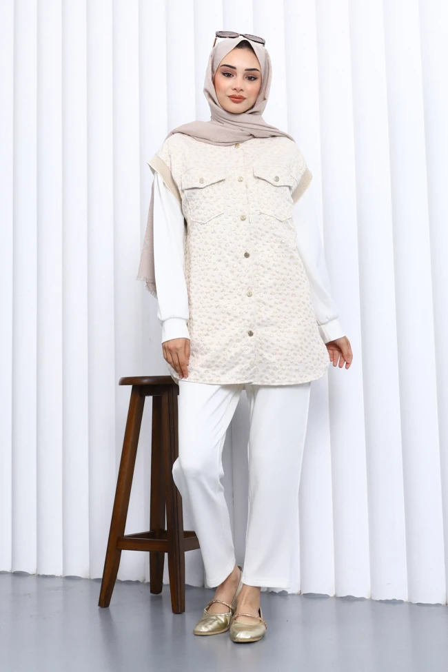 Ekru Tunik Yelek Pantolon Üçlü Takım