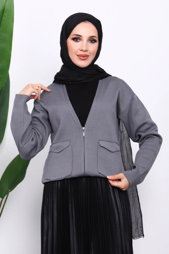 Füme Çift Cepli Fermuarlı Triko Hırka