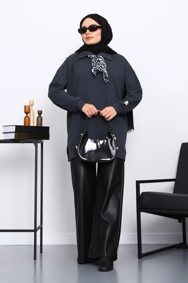 Füme Fular Detaylı Yakalı Tunik