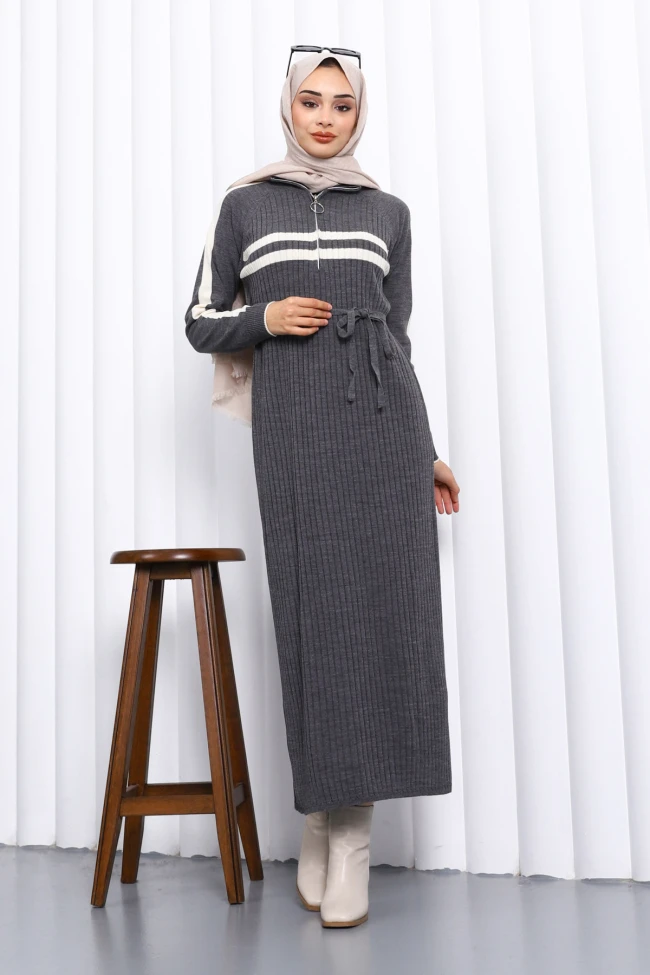 Füme Yaka Fermuarlı Fitilli Çizgili Triko Elbise