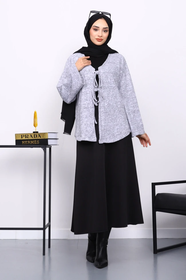 Gri Ön Bağlamalı Yumoş Kimono