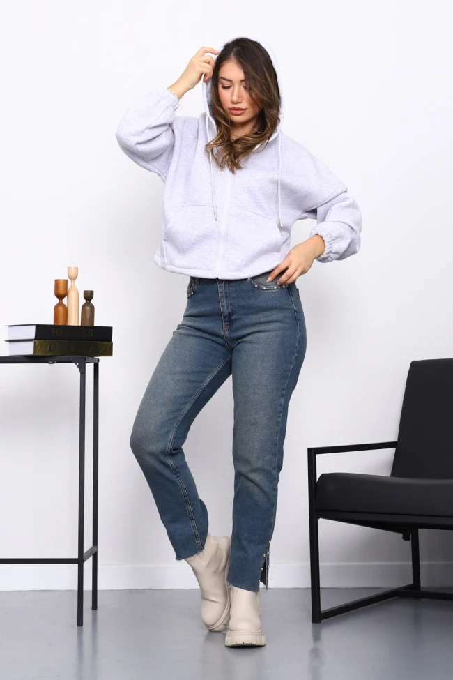 Gri Sağ Kol Fermuarlı Cepli Üç İplik Sweat Hırka