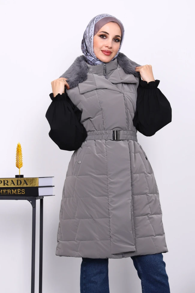 Gri Yaka Kürklü Lastik Kemerli Uzun Şişme Yelek