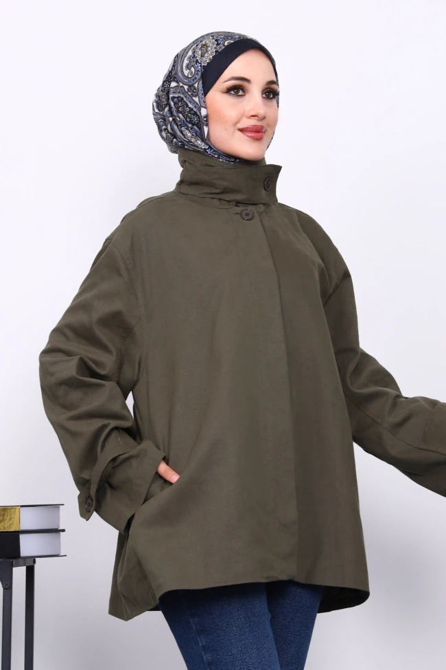 Haki Düğmeli Astarlı Gabardin Ceket