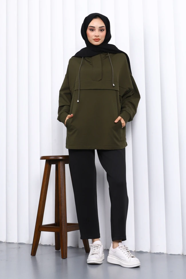 Haki Fermuarlı Cepli İki İplik Oversize Sweat