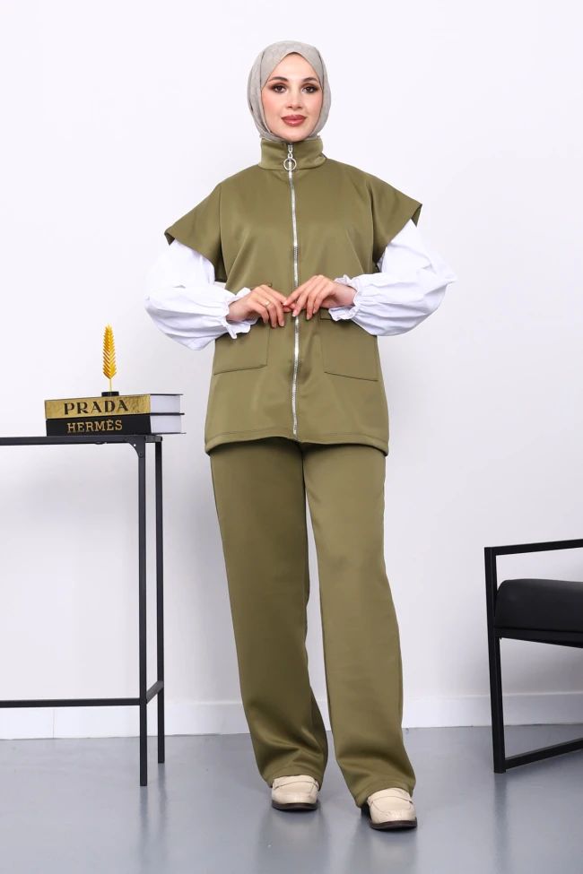 Haki Fermuarlı Cepli Yelek Pantolonlu Scuba Takım