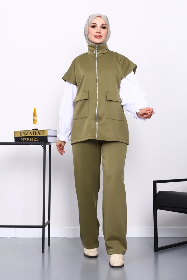 Haki Fermuarlı Cepli Yelek Pantolonlu Scuba Takım