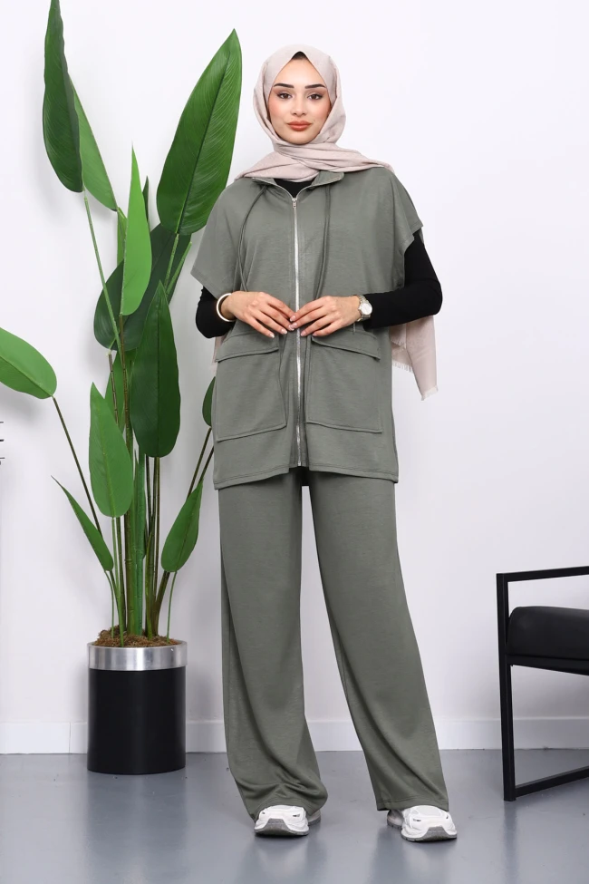 Haki Fermuarlı Çift Cepli Modal Yelek Pantolonlu Takım