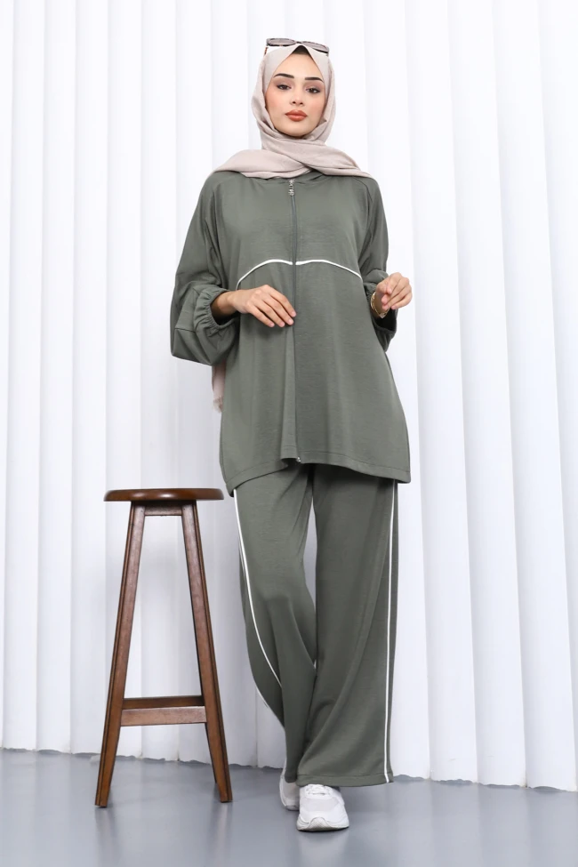 Haki Fermuarlı Sweat Pantolonlu Modal Takım