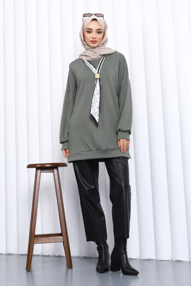 Haki Fular Aksesuarlı Modal Tunik