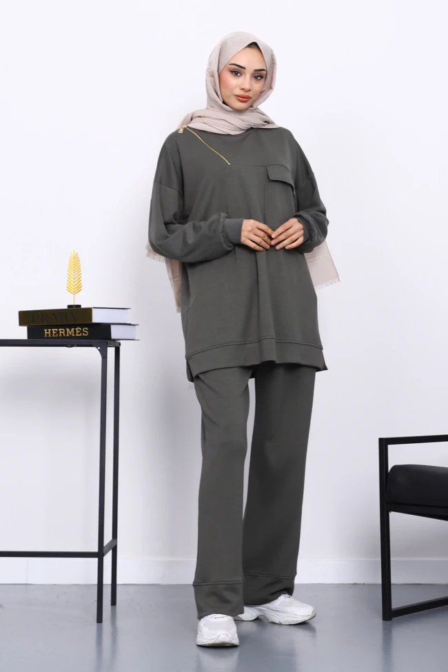 Haki Tek Cepli Tunik Pantolonlu Modal Takım