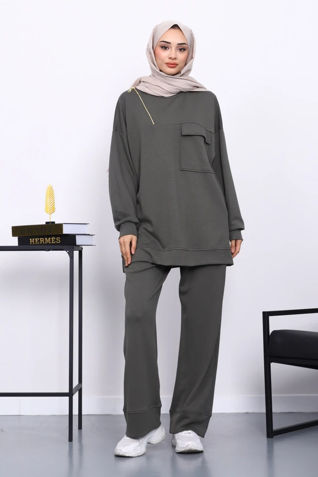 Haki Tek Cepli Tunik Pantolonlu Modal Takım