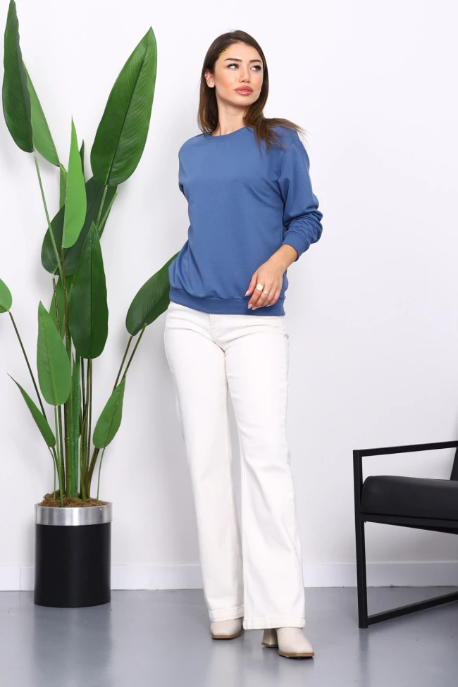 İndigo Bisiklet Yaka İki İplik Sweatshirt