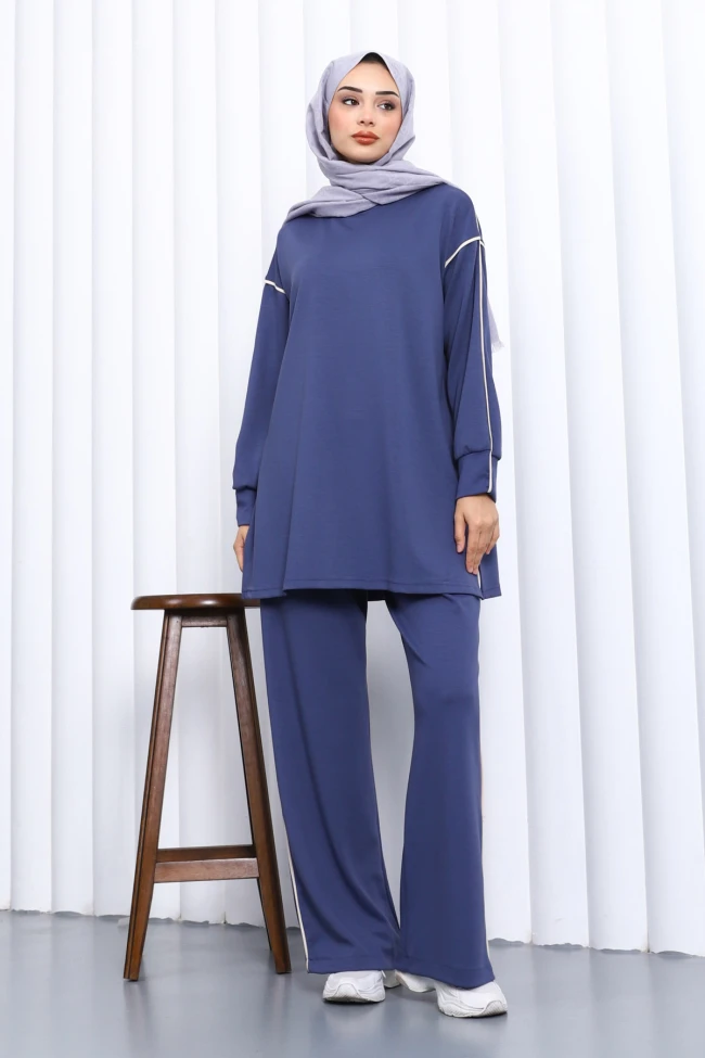 İndigo Biyeli Tunik Pantolonlu Modal Takım