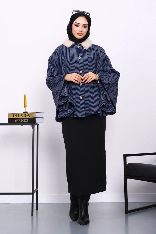 İndigo Yaka Kürklü Kemerli Panço