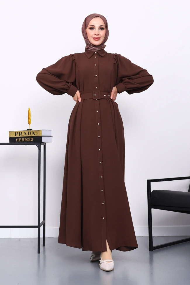 Kahverengi Bel Kemerli Elbise