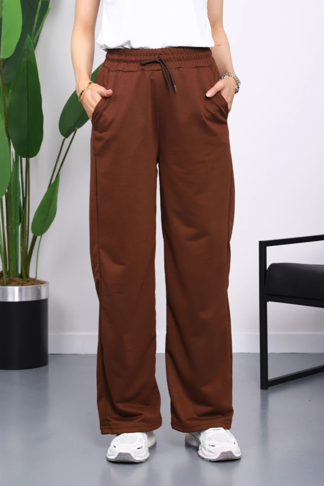 Kahverengi Bel Lastikli İki İplik Palazzo Eşofman Alt