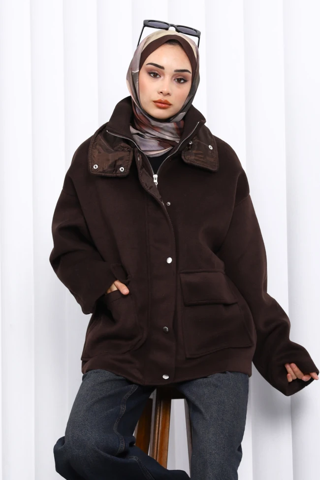 Kahverengi Fermuarlı Astarlı Oversize Kaşe Ceket