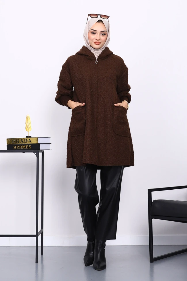 Kahverengi Fermuarlı Cepli Buklet Kaban