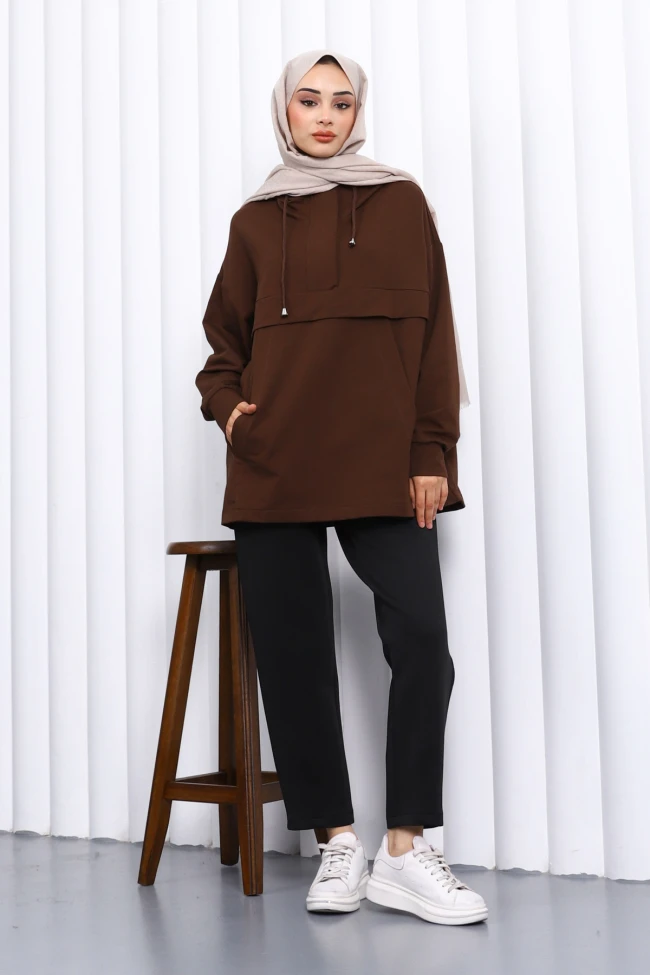 Kahverengi Fermuarlı Cepli İki İplik Oversize Sweat