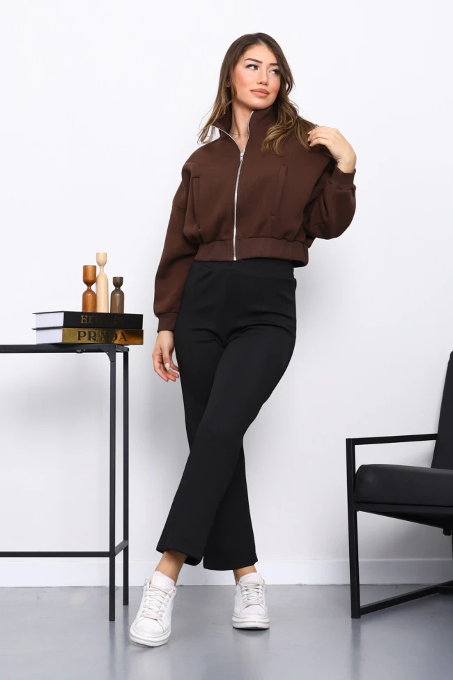 Kahverengi Fermuarlı Üç İplik Sweat Hırka