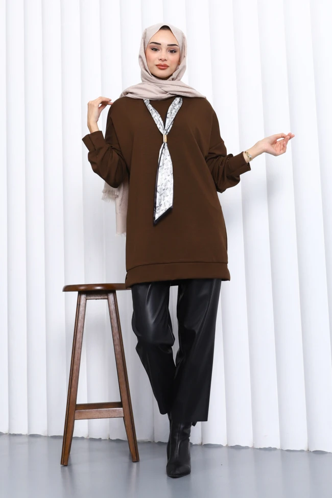 Kahverengi Fular Aksesuarlı Modal Tunik