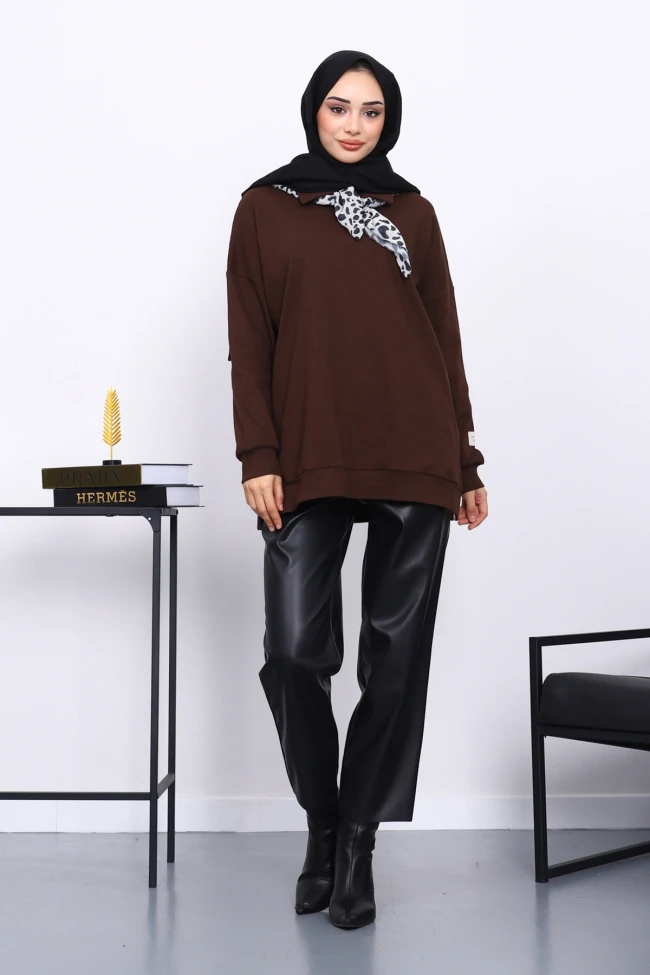 Kahverengi Gömlek Yaka Fittilli Tunik